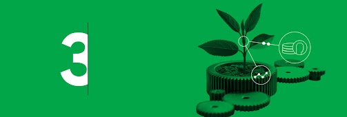 Uma pequena planta num vaso feito de engrenagem. Há diversas engrenagens menores ao redor da planta e do caule saem linhas para desenhos de moedas e de um pequeno gráfico.