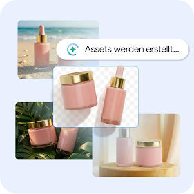 Grafik, die einen Workflow zur KI-Bildgenerierung zeigt. Eine Fortschrittsanzeige mit einem Glitzersymbol und dem Text „Assets werden generiert…“ wird über verschiedene stilisierte Hintergründe für Produktfotos einer rosa Hautpflegeserie gelegt