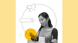 04. Your media planning strategy from start to end. A woman holding two books while using her mobile phone, figuring out an effective media planning and measurement strategy for the upcoming mega sale season.