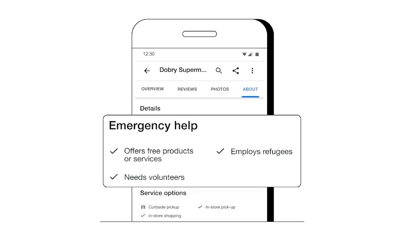 Uno schermo del telefono mostra che un'azienda sta offrendo aiuti d'emergenza ai rifugiati ucraini. L'azienda comunica che "offre prodotti o servizi gratuiti", "impiega rifugiati" e "ha bisogno di volontari".