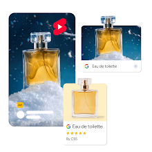 A digital collage displaying a square bottle of amber-colored perfume featured across three different ad formats: a vertical YouTube Shorts video ad in a snowy setting, a horizontal search image card, and a standard Google Shopping product card.