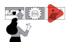 A dark-hair woman points to a storyboard depicting a customer ordering a burger at a fast-food restaurant, a burger icon with a starburst, and a man holding a burger. A red YouTube play icon overlays the last image.