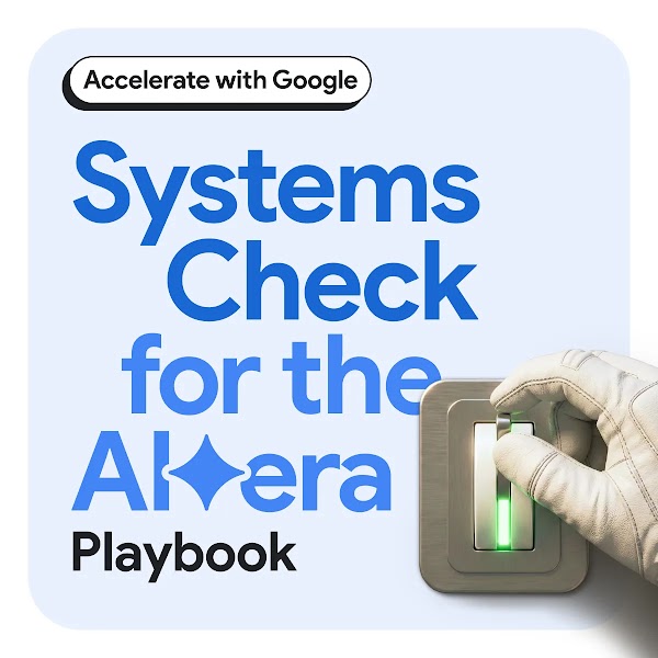 Graphic titled "Systems Check for the AI era Playbook" featuring the "Accelerate with Google" logo and a gloved hand flipping a glowing green switch.