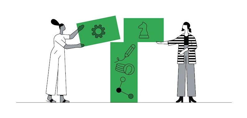 Es sind zwei weibliche Personen illustriert, die Klötze stapeln. Diese wiederum bilden verschiedene Motive ab wie Zahnrad, Schachfigur, Bleistift, Geldmünzen und Punktanordnung.