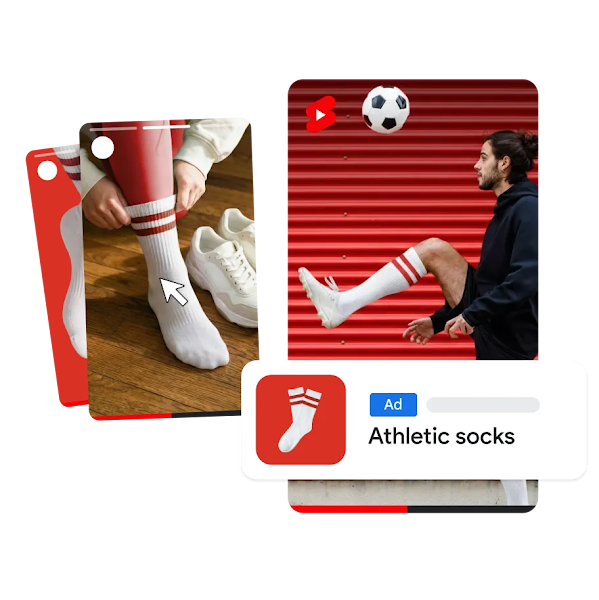Ad mockups for 'Athletic socks' including a vertical YouTube Shorts video of a soccer player and a photo of a person putting on socks.