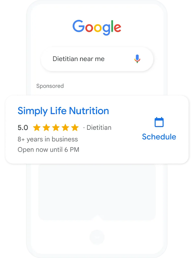 A search query and local services ad for dieticians nearby. 
