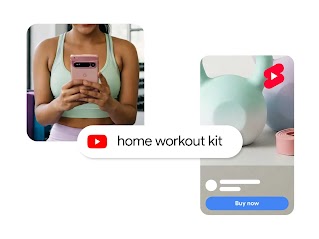 Graphic showing a social media–style product ad layout: on the left, a woman in athletic wear takes a mirror selfie while holding a phone, labeled “home workout kit” with a YouTube icon; on the right, a minimalist product card featuring pastel fitness equipment, a red Shorts-style icon, and a “Buy now” button.
