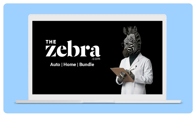 TheZebra.com, auto, home, bundle, appears in white text on a black background next to a person with a zebra’s head, wearing doctor’s lab coat holding a clipboard and pen. 