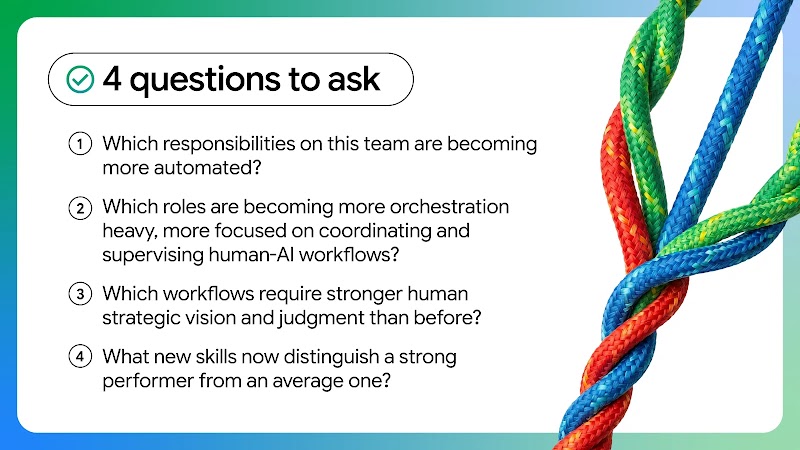 4 questions: Which responsibilities are becoming automated? Which roles are focused on coordinating and supervising human-AI workflows? Which workflows require stronger human strategic vision and judgment? What new skills distinguish a strong performer?