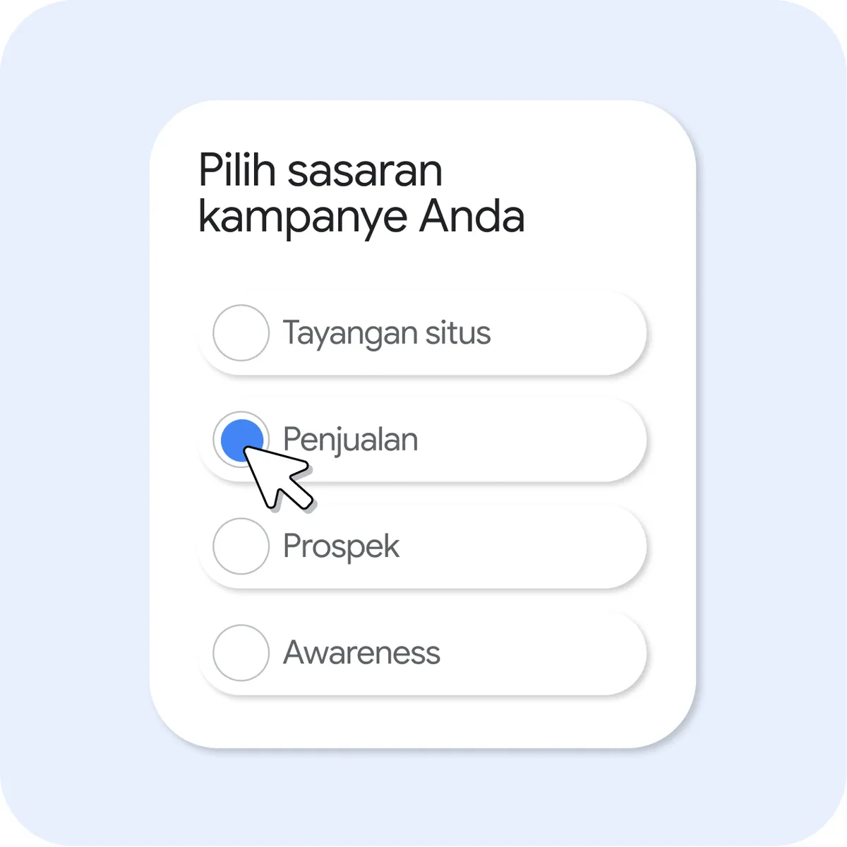 UI bergaya kartu berjudul “Pilih sasaran kampanye Anda” yang menampilkan empat opsi radio: Penayangan situs, Penjualan, Prospek, dan Awareness. Opsi “Sales” dipilih dengan tombol pilihan biru, dan kursor mengkliknya.