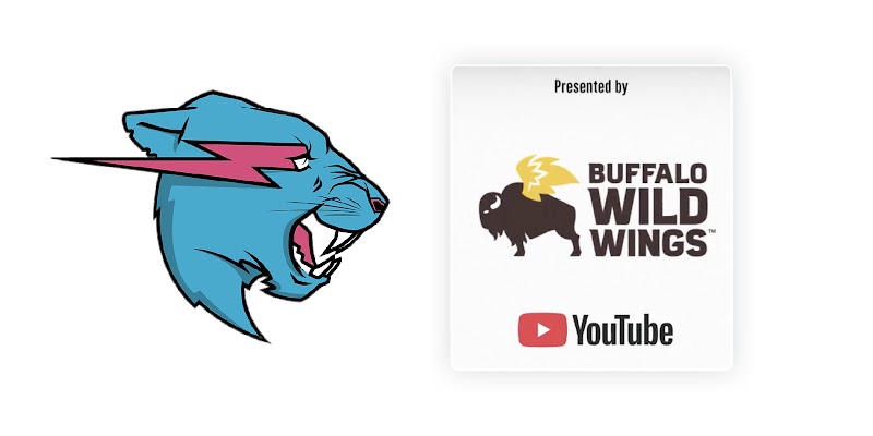 A teal wildcat with lilac lightning bolt on its face growls at the Buffalo Wild Wings and YouTube logos.