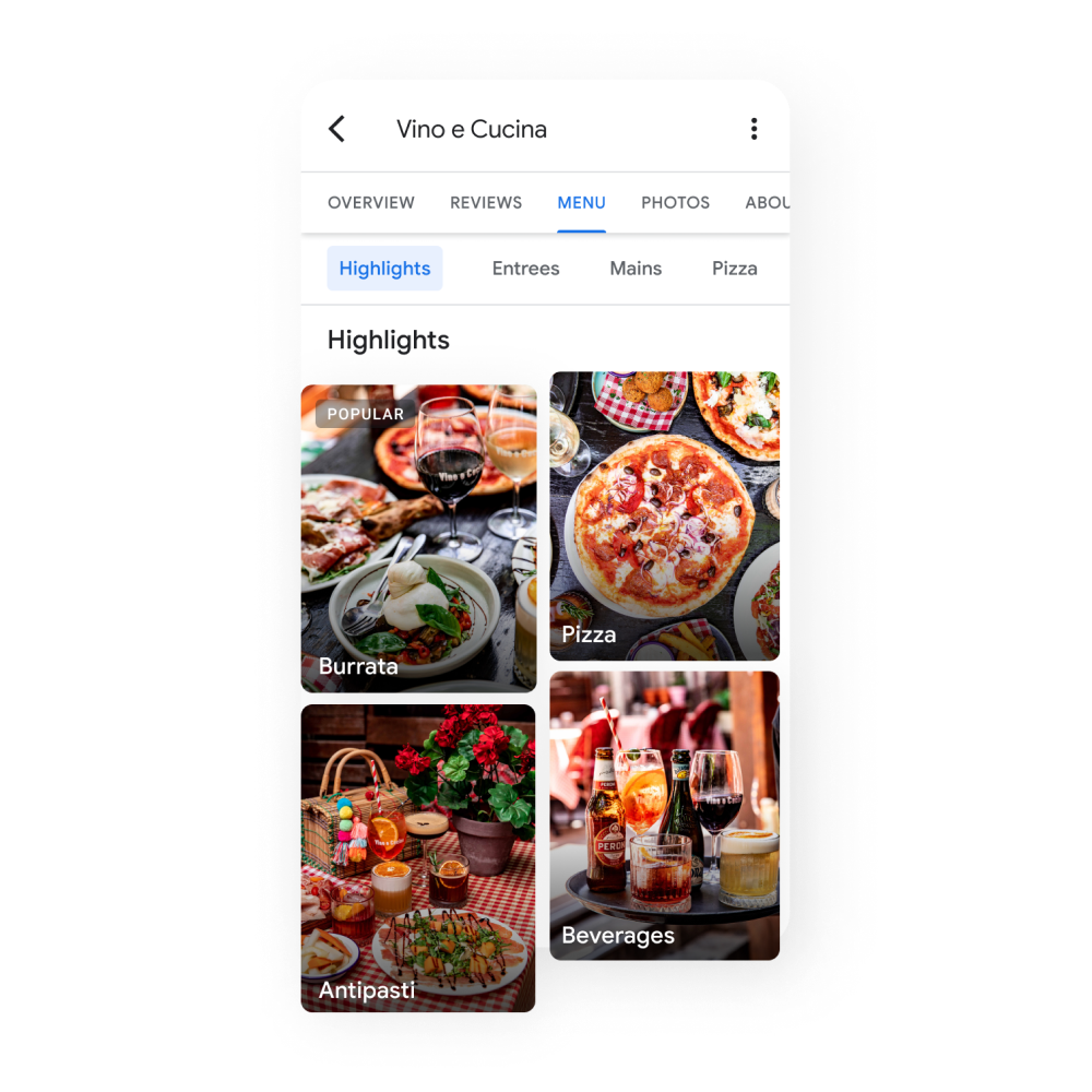 Image of a Business Profile Highlights, sharing the best dishes and menu on this image: Beef Ribs, Pulled Pork Sandwich, Mac & Cheese and Brisket