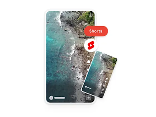 Stilizált kép egy mobiltelefonról, amelyen álló tájolású videó látható egy parti tájról, bemutatva a YouTube Shorts szolgáltatást. Mellette ugyanennek a videónak egy kisebb méretű indexképe, felette egy „Shorts” feliratú címke, valamint a YouTube Shorts emblémája.