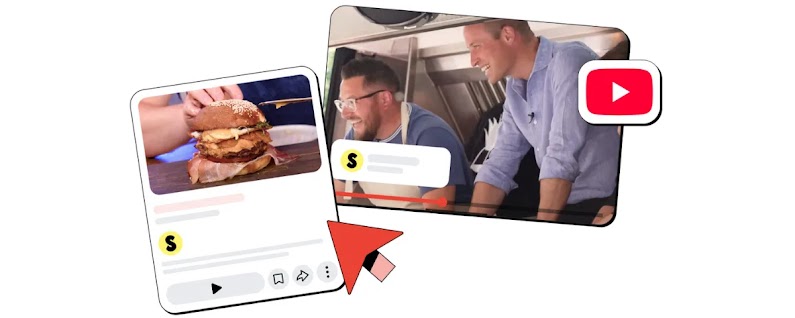 Image shows a still from a Sorted Food YouTube video of a large burger. To its right, a still of Jamie Spafford, co-founder of Sorted Food, and Prince William in a burger truck. On top of the photos are icons of the YouTube play button and a red arrow.