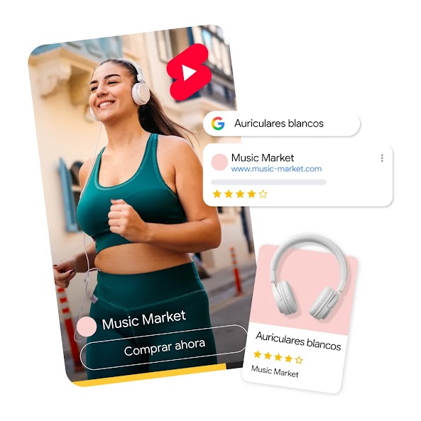 Un gráfico ilustra una experiencia de compra en YouTube Shorts. A la izquierda, una mujer con ropa deportiva azul corre al aire libre con unos auriculares de diadema blancos. A la derecha aparecen elementos flotantes de la UI que muestran una búsqueda en Google de 'auriculares blancos' y un anuncio en la Búsqueda de 'Music Market' con una valoración de 4 estrellas, mostrando los auriculares que están a la venta.