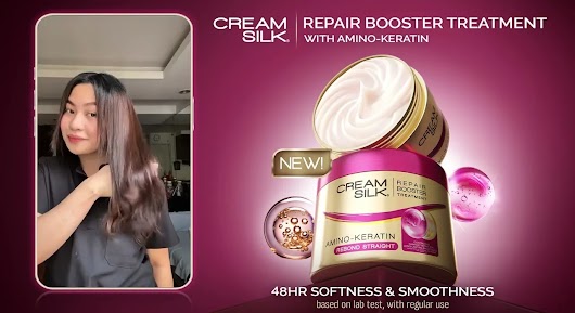 A video thumbnail for Cream Silk Repair Booster Treatment, showing a woman holding the product on the left and a graphic of the gold product tubs on the right