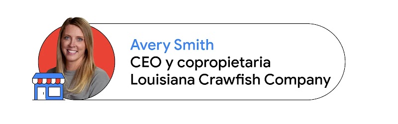 Avery Smith, CEO y copropietaria de Louisiana Crawfish Company, aparece dentro de un círculo rojo de hombros para arriba, con una camiseta gris de cuello redondo. Smith tiene la piel clara y el pelo rubio y largo. Aparece un icono de una tienda azul en la