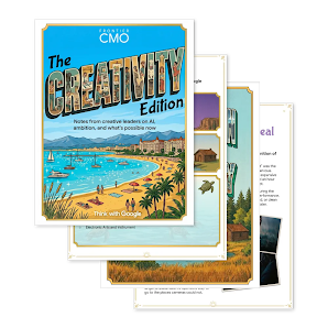 Cover of The Creativity Edition: creative leaders on AI and ambition from Frontier CMO. The title is styled like a vintage travel postcard, with creative people illustrated within the letters, above a beach resort and sailboats.