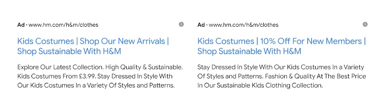 Deux annonces sur le Réseau de Recherche Google pour des costumes pour enfants sont présentées l'une à côté de l'autre. L'une met en avant une remise de 10 % pour les nouveaux membres, alors que l'autre se concentre sur les client·es existant·es en présen