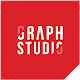 Graph Studio logo with the text stacked in white, stylized capital letters on a solid red background. The letters 'G' and 'O' have faint, semi-transparent overlays.