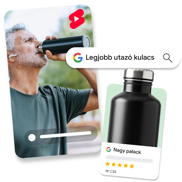 Képösszeállítás, melynek darabjain két termék adatai és egy vizes palackokkal kapcsolatos videó egy képkockája látható. A bal oldalon egy videóképkocka látható, amelyen egy sárga sapkát és sötét pulóvert viselő nő piros vizes palackból iszik a palac ivócsonkján keresztül. A képen fedvényként szerepel a YouTube Shorts emblémája, egy fehér folyamatjelző sáv pedig a videólejátszást jelképezi. A képkockától jobbra egy keresősáv látható, amelyben a „Legjobb utazós palack” szöveg szerepel a Google emblémája és egy nagyító ikon mellett. A videóképkocka alatt egy fehér kupakos és kék akasztós piros vizes palack adatlapja. A palack háttere világoszöld, alatta a „Nagy palack” terméknév és négycsillagos értékelés.