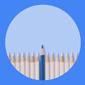 A blue pencil stands out among white pencils, between a right-pointing arrow and a tick, representing how brands can use AI in marketing to build trust and guide consumers towards making a confident and informed purchase decision.