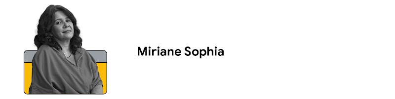 Miriane Sophia tem sua imagem em preto e branco com fundo amarelo emoldurada.