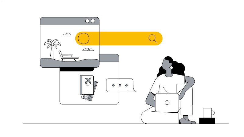 Jeune femme regardant des options de voyages en ligne.