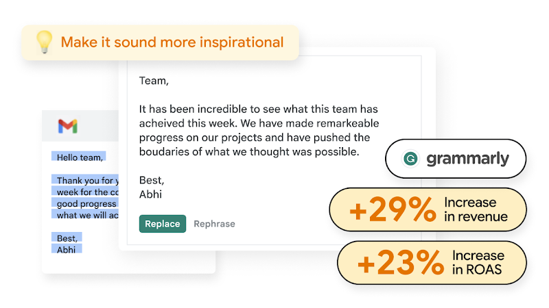이메일을 더 고무적인 내용으로 작성하게 도와주는 Grammarly의 제안 텍스트 상자입니다.