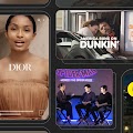 A gallery of stills from celebrity and influencer campaigns appear on a black background: Yara Shahidi for Dior, Ben Affleck for Dunkin’, the cast of Spider-Man: Across the Universe for Sony Pictures, and the logo of Mercado Libre.