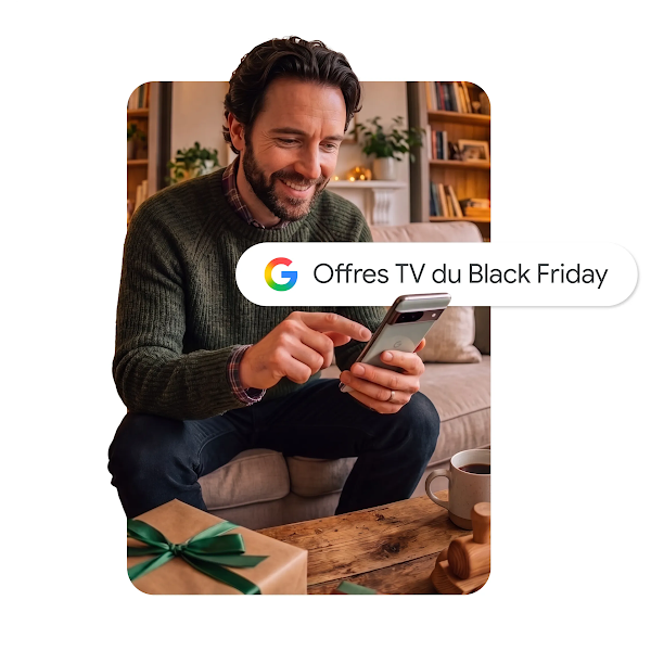 Graphique d'un homme souriant assis sur un canapé, utilisant un smartphone avec une barre de recherche Google en superposition indiquant "Offres TV Black Friday".