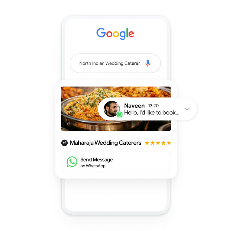 A sponsored Search ad for North Indian wedding caterers in Google Search results, with a button to send a message on WhatsApp.