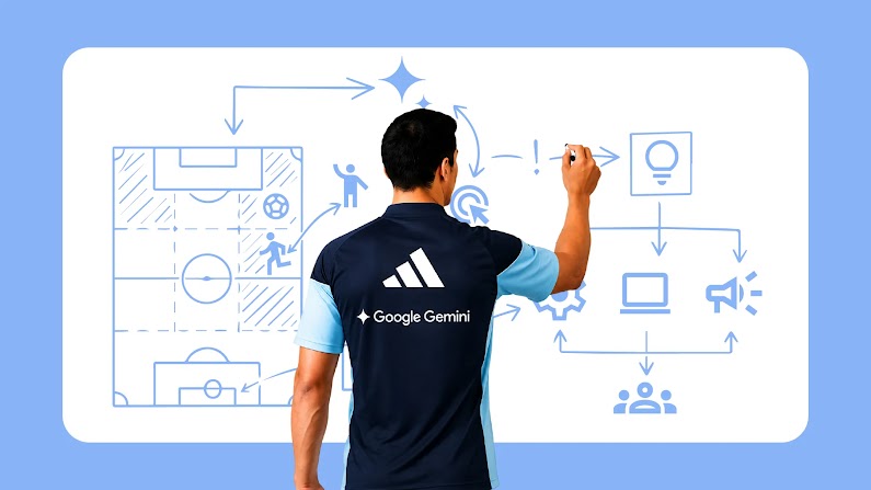 Un hombre de cabello oscuro dibuja tácticas y esquemas sobre una pizarra digital interactiva que muestra una cancha de fútbol, usando una camiseta que dice Google Gemini.