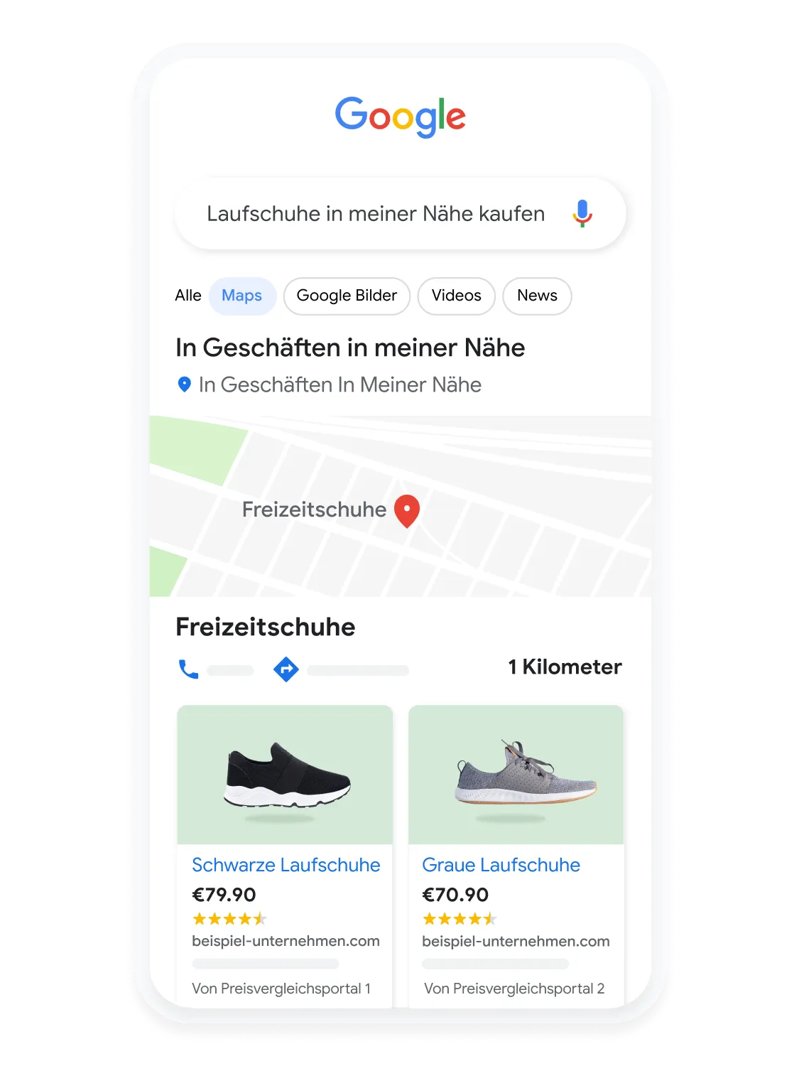 Auf einer animierten Mobilgeräte-Benutzeroberfläche ist zu sehen, wie ein Nutzer auf Google Maps nach Laufschuhen sucht.