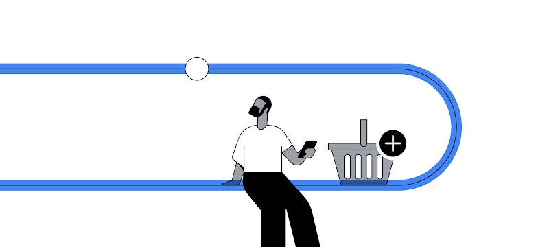 Un homme, assis et détendu, consulte son téléphone portable tout en regardant un panier d'achat avec un signe plus.