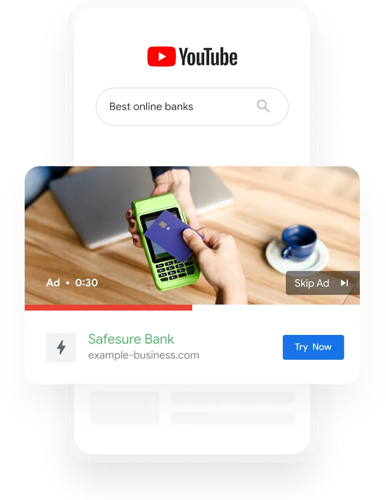 Illustration of a phone showing a YouTube search query for Best Online Banks surfacing a bank’s video ad.