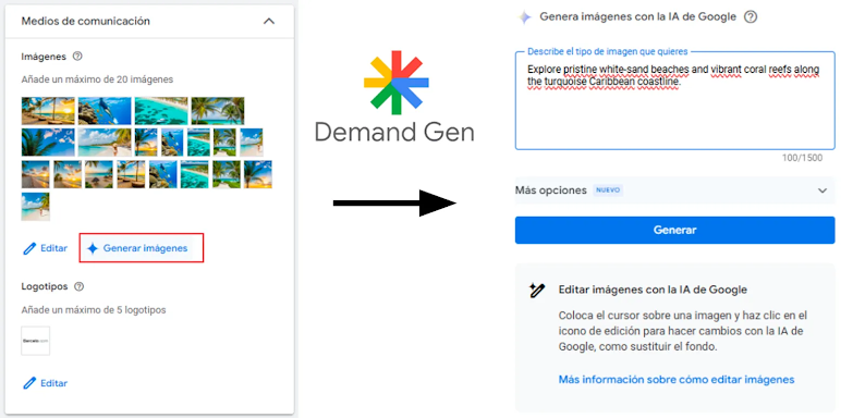 Captura del generador de imágenes con IA de las campañas de Generación de Demanda: destaca el botón "Generar imágenes" y el cuadro de texto para el prompt.