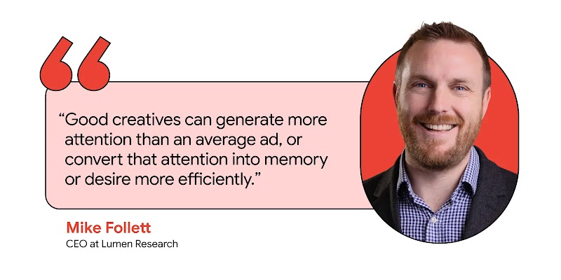 Quote by Mike Follett, CEO at Lumen Research, reads: “Good creatives can generate more attention than an average ad, or convert that attention into memory or desire more efficiently.” To the right, his headshot.
