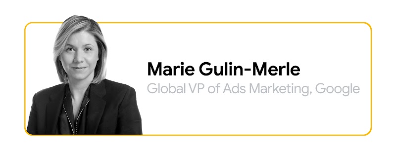 Imagen de hombros para arriba en blanco y negro de Marie Gulin-Merle, vicepresidenta global de Marketing de Anuncios de Google. Tiene la piel clara y el pelo rubio hasta los hombros, lleva una americana oscura y sonríe con la boca cerrada.