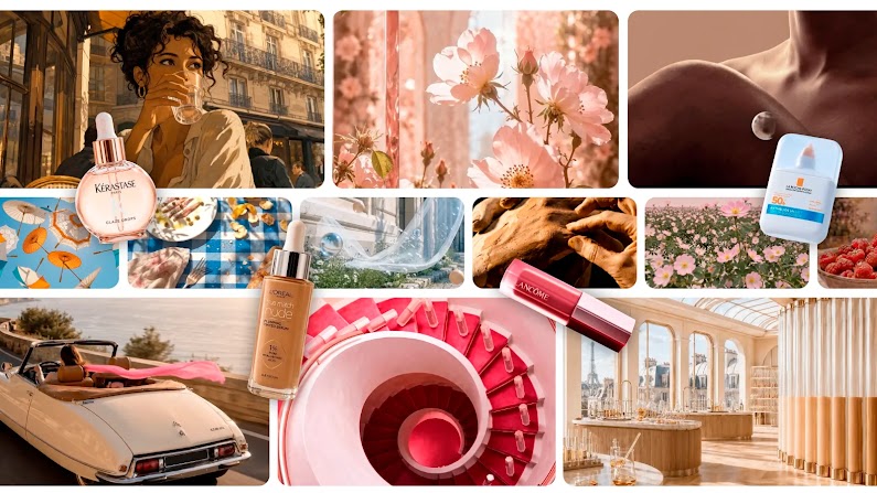 Mosaïque d'images artistiques générées par IA représentant des flacons de soins, des fleurs de cerisier, un escalier en colimaçon rose et une voiture de collection, illustrant l'univers de la beauté chez L'Oréal. 