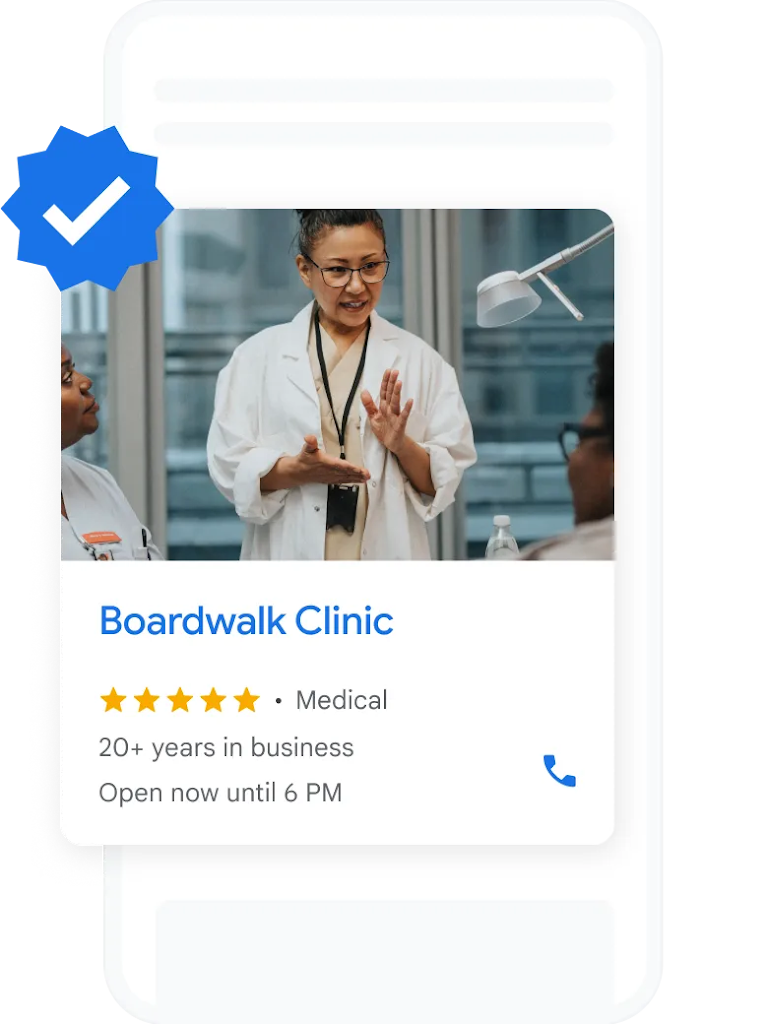 A mobile screen displays a local ad for a medical clinic. 