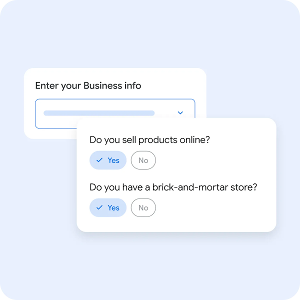 Sample questions that come up when creating your account, such as if you sell products online or have a brick-and-mortar location.