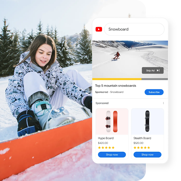 A YouTube search for &ldquo;snowboard&rdquo; with a video ad and sponsored products beneath.