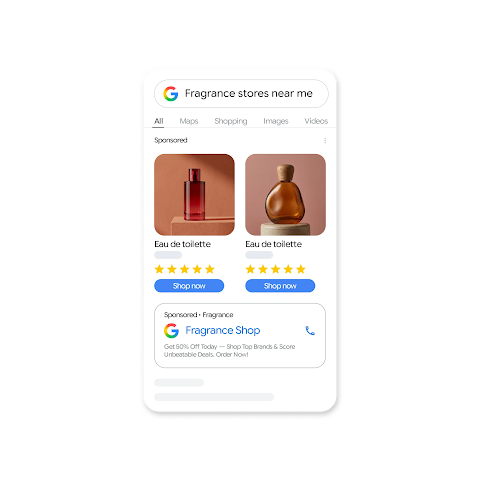 A mobile phone Google Search screen with a search query: “Fragrance stores near me” and in the results it shows ads of perfumes with their names, prices and 5 stars reviews and a card with the Fragrance shop phone.