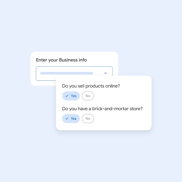 Sample questions that come up when creating your account, such as if you sell products online or have a brick-and-mortar location.