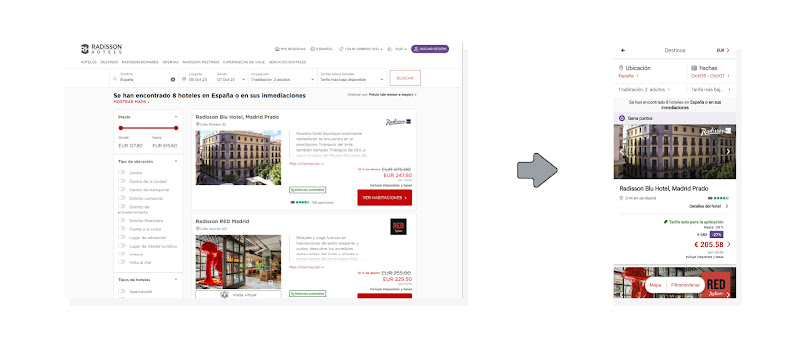 Web de Radisson en su versión desktop y la misma página en la app.