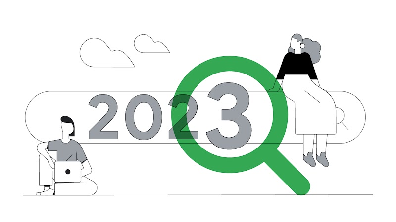 Deux femmes s'assoient sur une barre de recherche marquée 2023