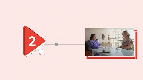 On the left, a life-size play button icon with a red overlay and a “2” on it. A cursor is next to it. The play button is connected by a line to a photograph of Grainne Wafer and Jenni Baker sitting at a table, with two glasses between them, talking.