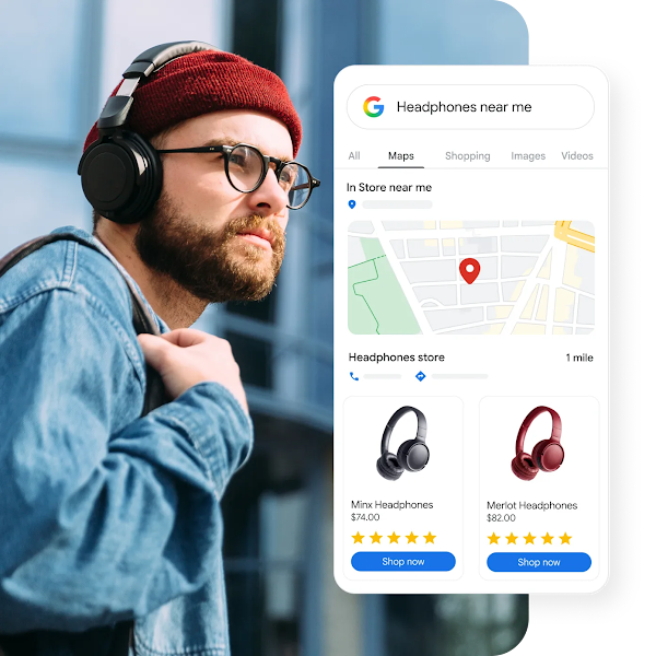 A Google Maps search for &ldquo;headphones near me&rdquo; with a map pin and sponsored products beneath.