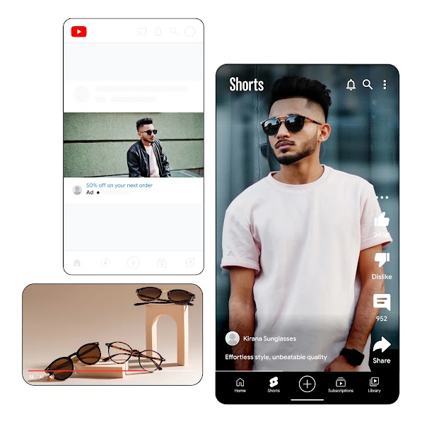 A collage showing three different YouTube ad formats for sunglasses: a YouTube Shorts video, a standard in-feed video ad, and a horizontal video player.